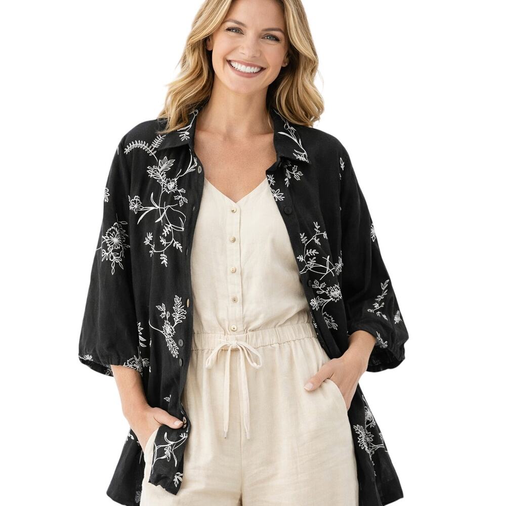 Avenue Embroidered Button Top Womens Size 18/20 Black Floral Boho Shirt Linen